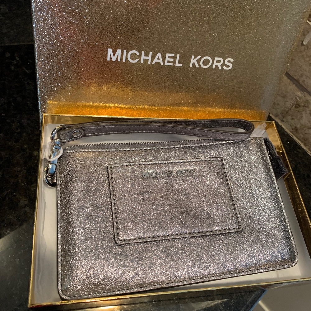 NWT Michael Kors metallic silver wristlet and gift wrap